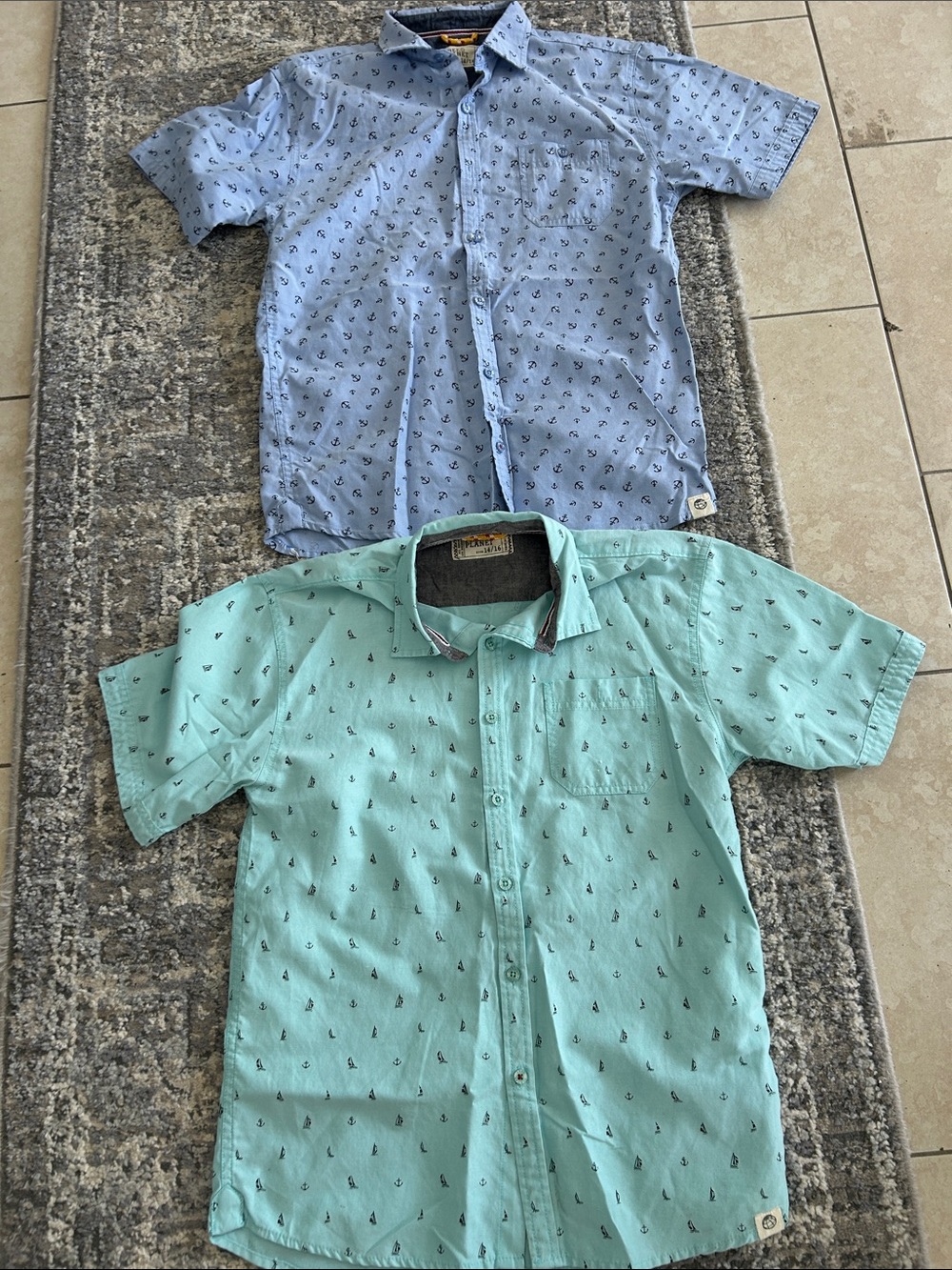 Short Sleeve Anchor Print Button-Up Shirt - Light Blue & Aqua